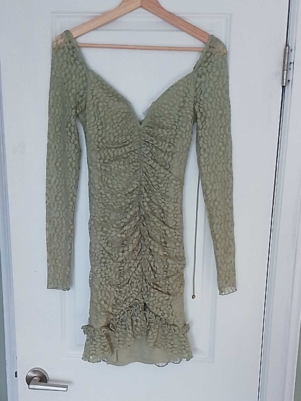 sage green whimisical fairy core rouched lace dress